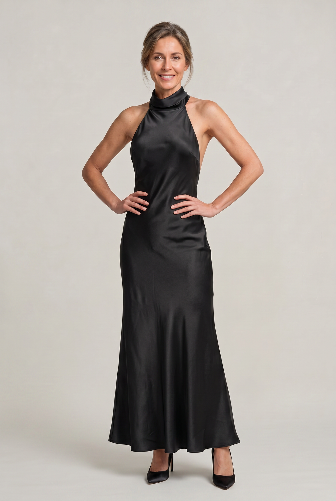 Women's Satin Halter Maxi Dress - Open Back Cowl Neck Formal Evening Gown