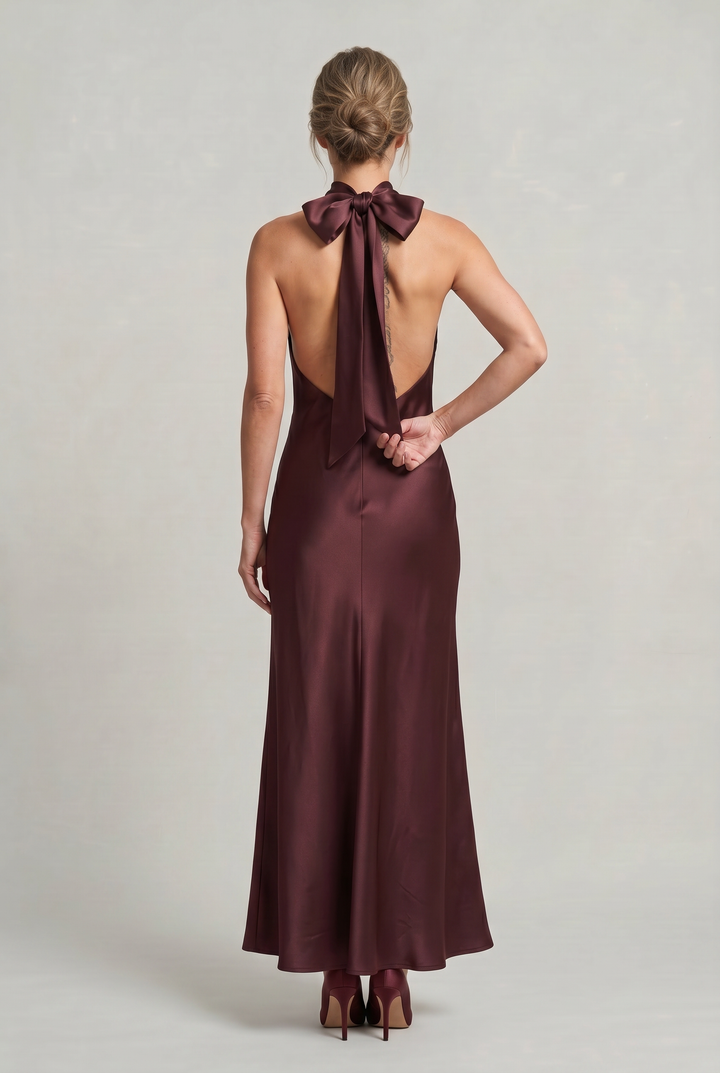 Women's Satin Halter Maxi Dress - Open Back Cowl Neck Formal Evening Gown