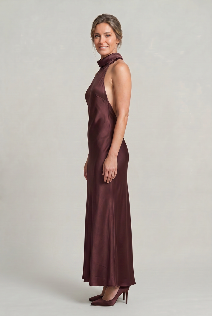Women's Satin Halter Maxi Dress - Open Back Cowl Neck Formal Evening Gown