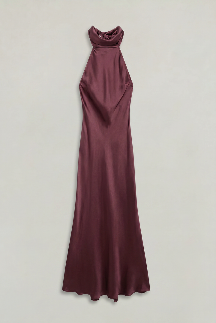 Women's Satin Halter Maxi Dress - Open Back Cowl Neck Formal Evening Gown