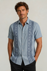 Men's Green Embroidered Shirt - Short Sleeve Aztec Print Button Up Summer Shirt