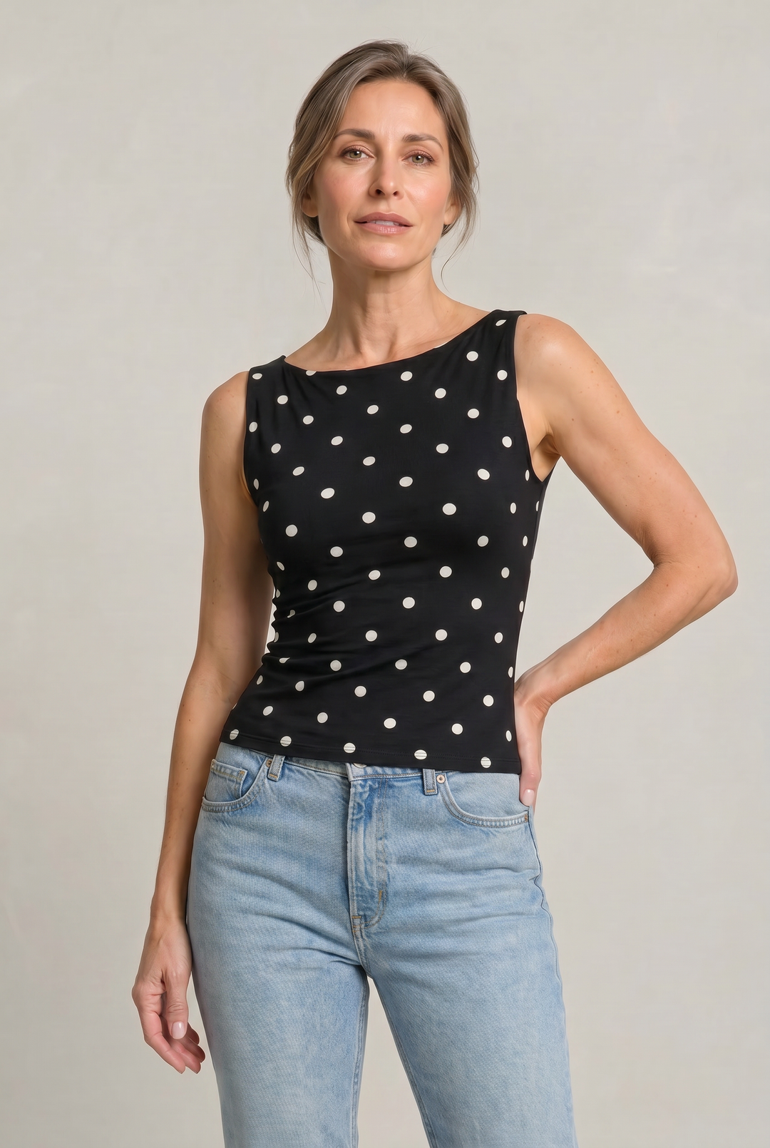 Women’s Polka Dot Sleeveless Tank Top – Fitted Round Neck Summer Top