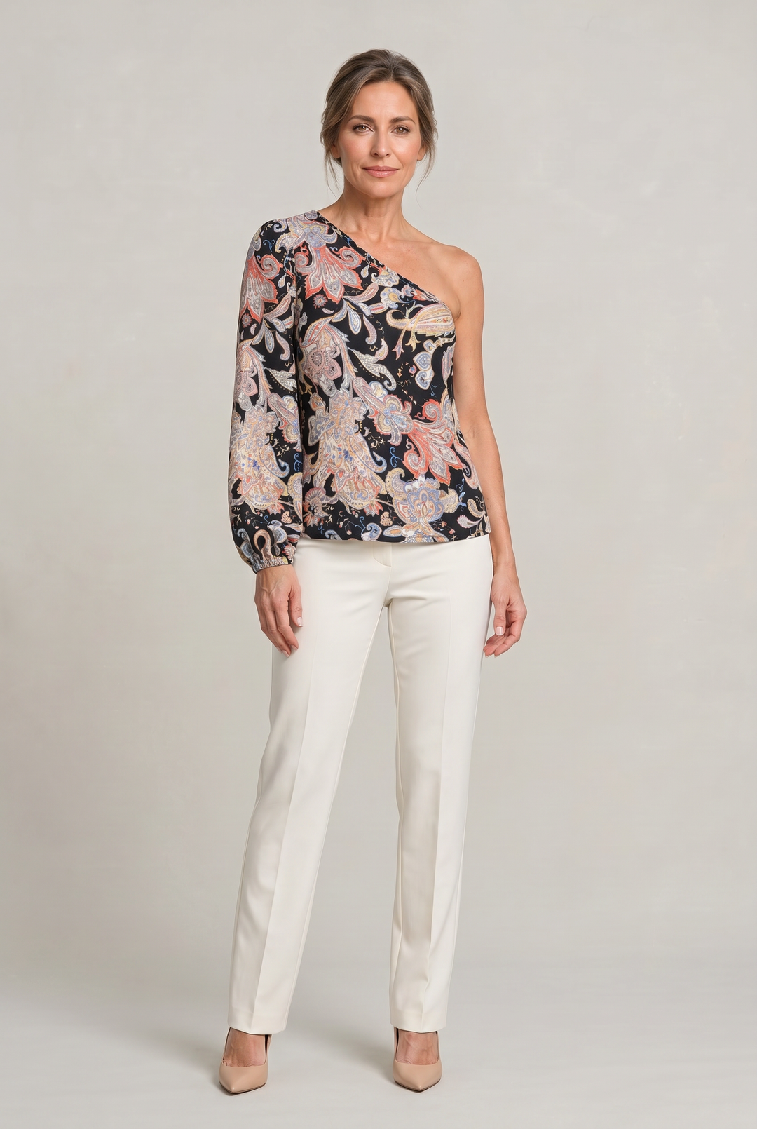 Women's One Shoulder Printed Long Sleeve Blouse