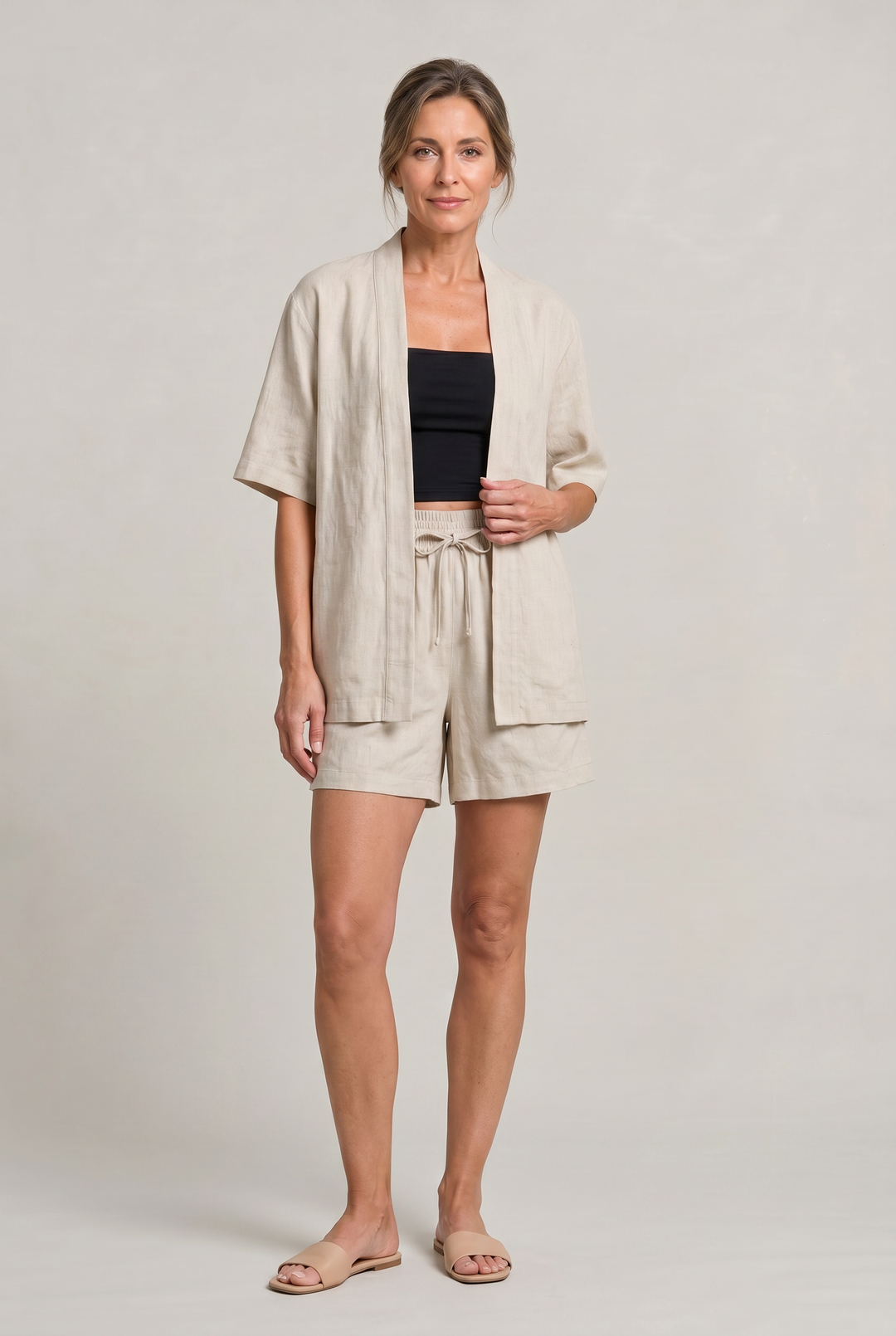 Women's Linen Cardigan and Shorts Two Piece Set