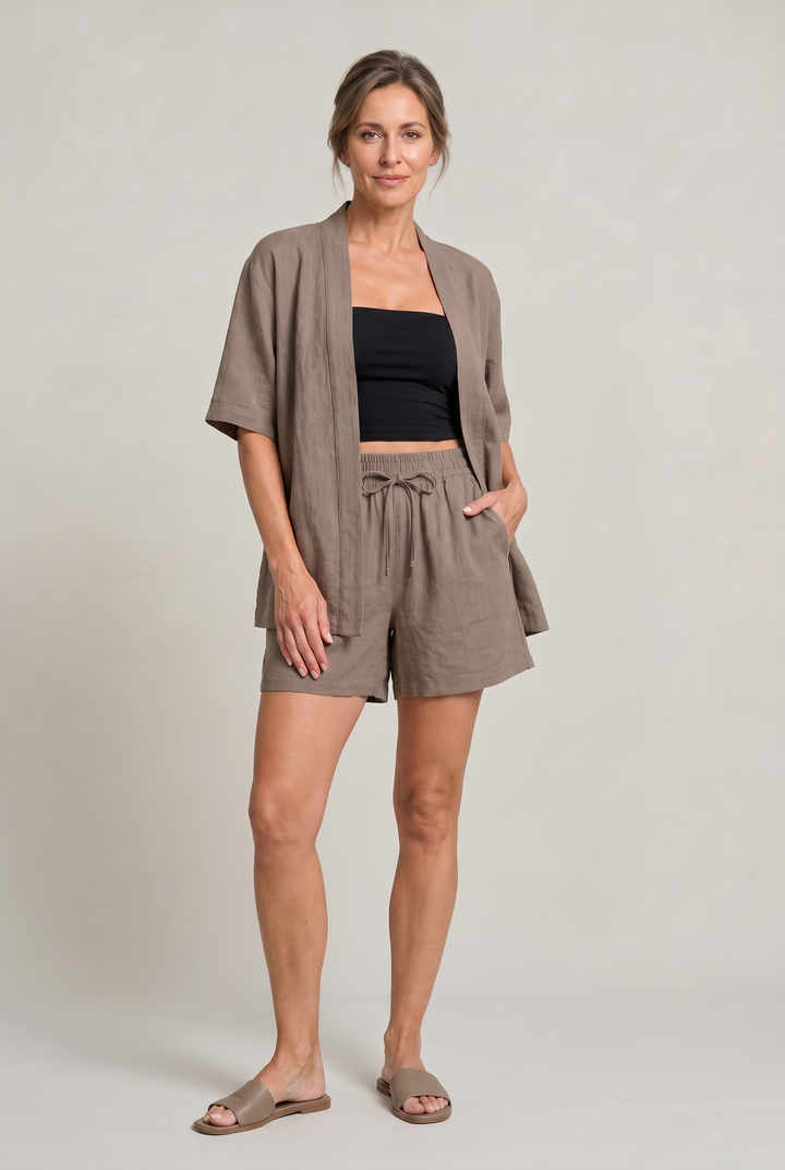 Women's Linen Cardigan and Shorts Two Piece Set