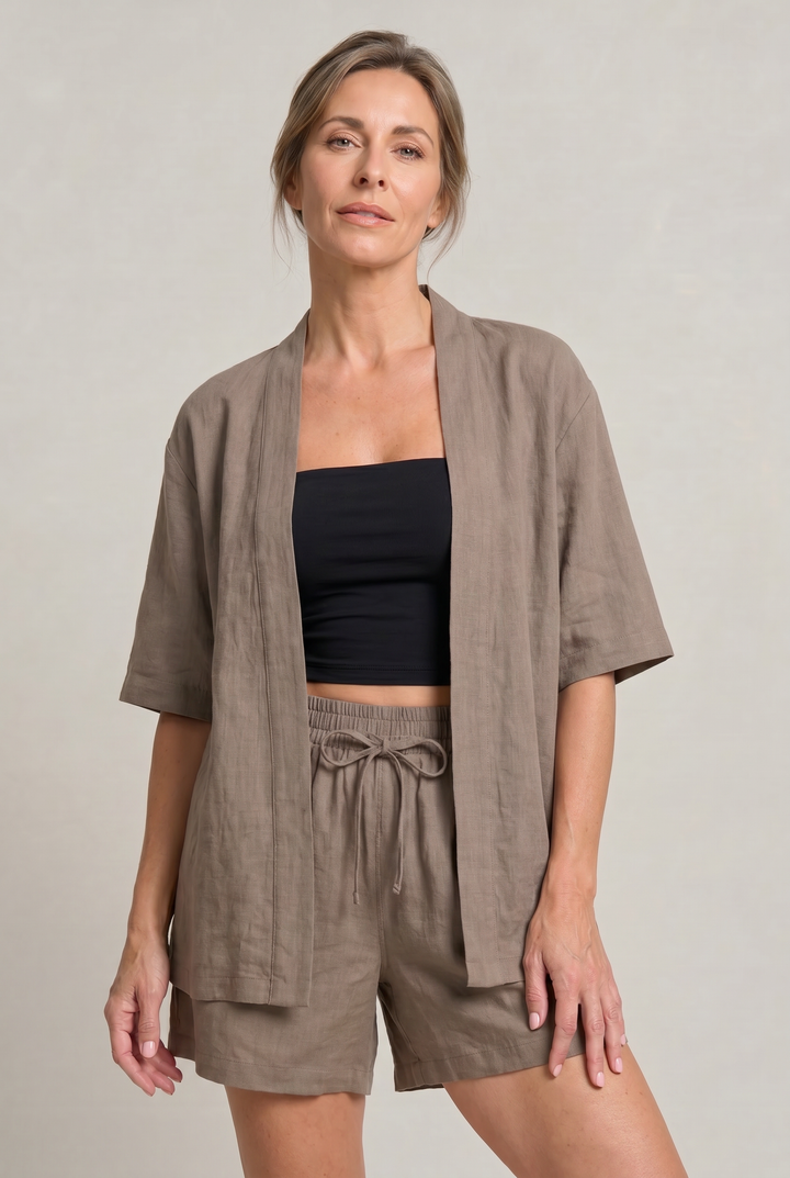 Women's Linen Cardigan and Shorts Two Piece Set
