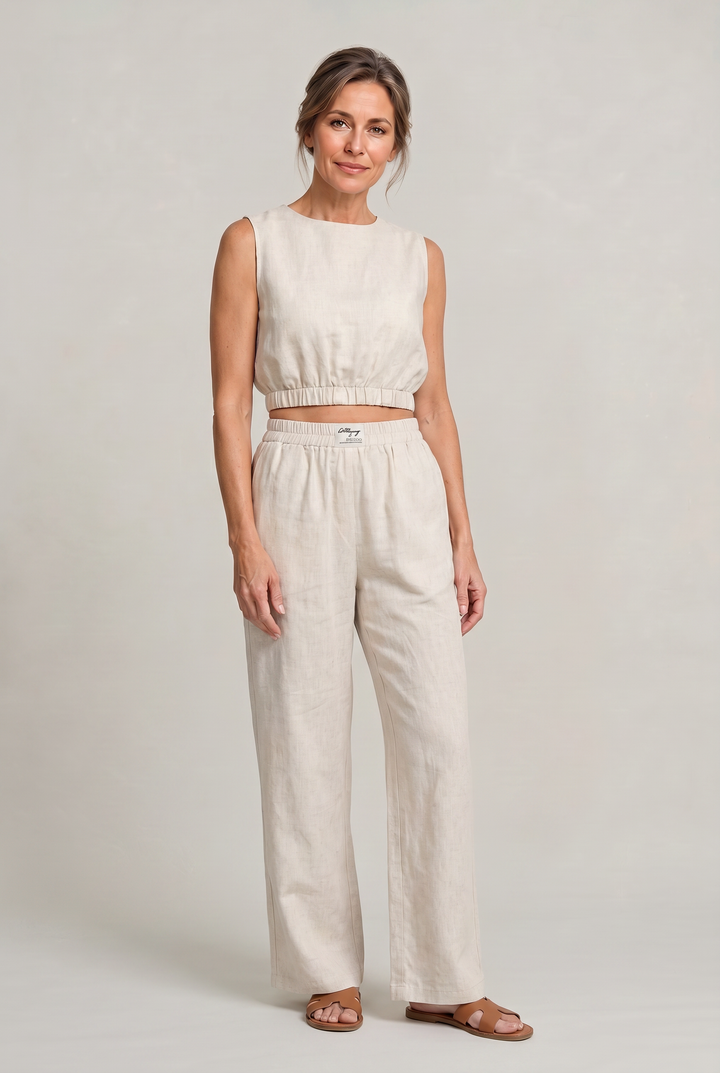 Women's Linen Sleeveless Top and Wide Leg Trousers Two Piece Set