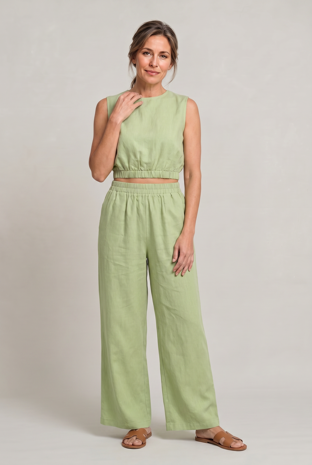 Women's Linen Sleeveless Top and Wide Leg Trousers Two Piece Set