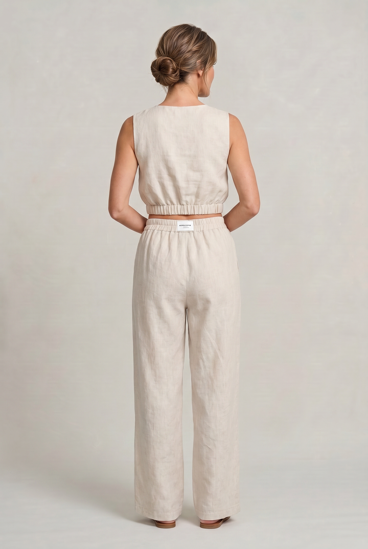 Women's Linen Sleeveless Top and Wide Leg Trousers Two Piece Set