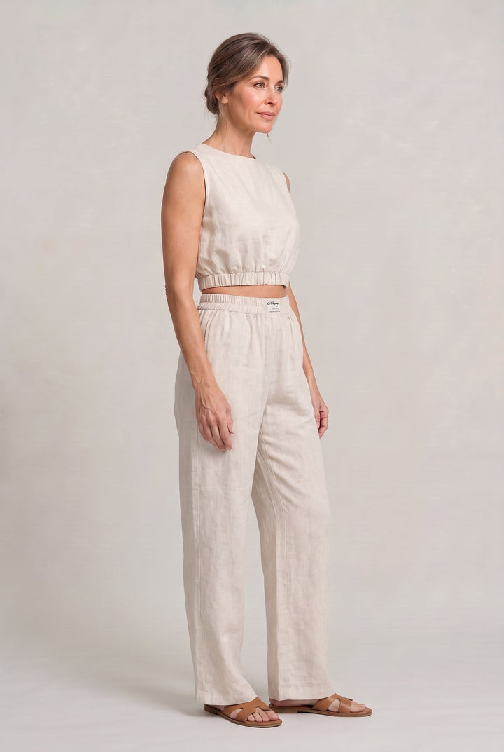 Women's Linen Sleeveless Top and Wide Leg Trousers Two Piece Set