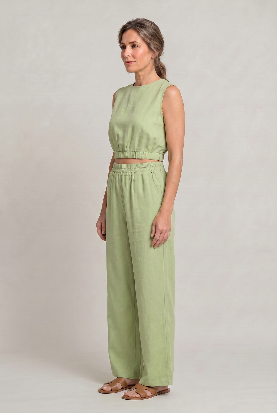 Women's Linen Sleeveless Top and Wide Leg Trousers Two Piece Set