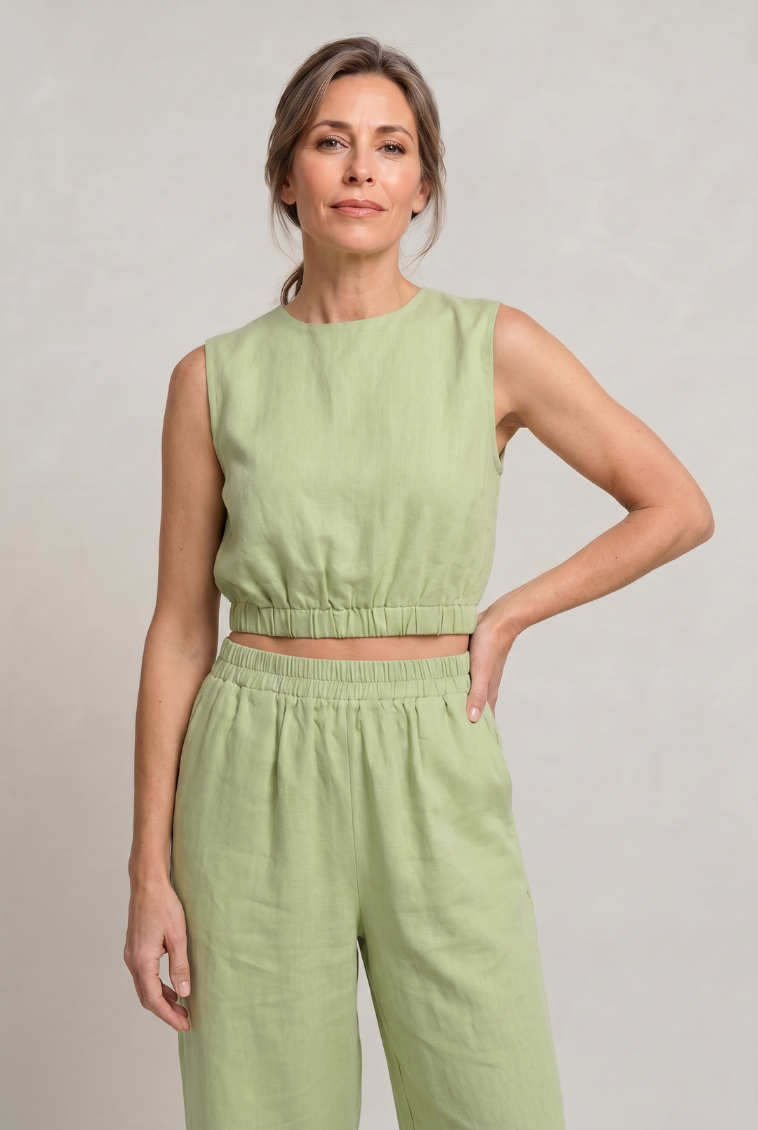 Women's Linen Sleeveless Top and Wide Leg Trousers Two Piece Set