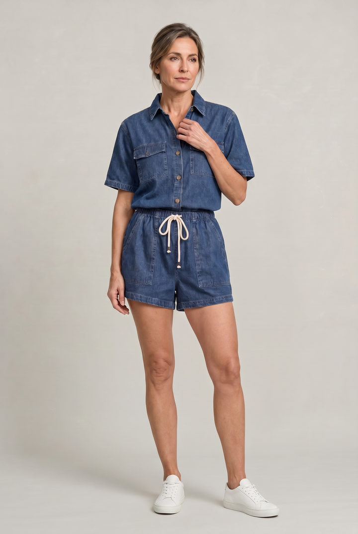 Women's Denim Short Sleeve Shirt and Shorts Two Piece Set