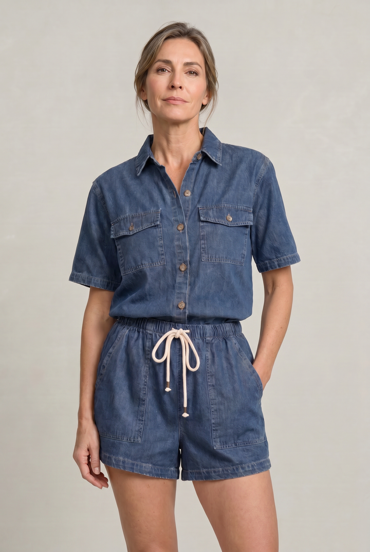 Women's Denim Short Sleeve Shirt and Shorts Two Piece Set
