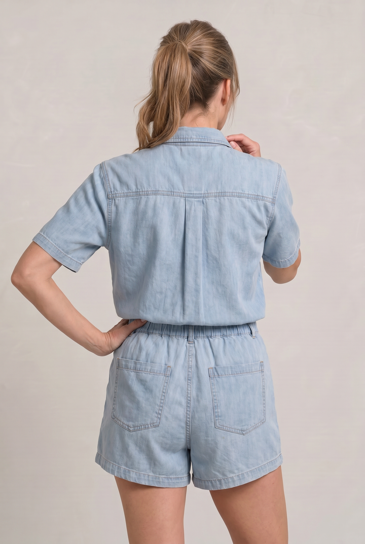 Women's Denim Short Sleeve Shirt and Shorts Two Piece Set