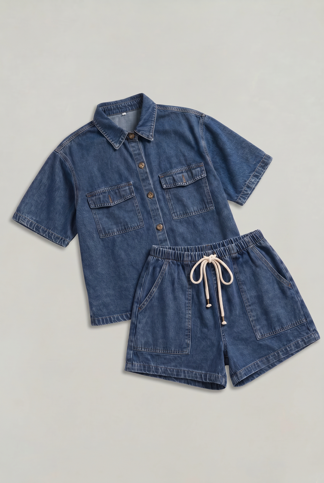 Women's Denim Short Sleeve Shirt and Shorts Two Piece Set
