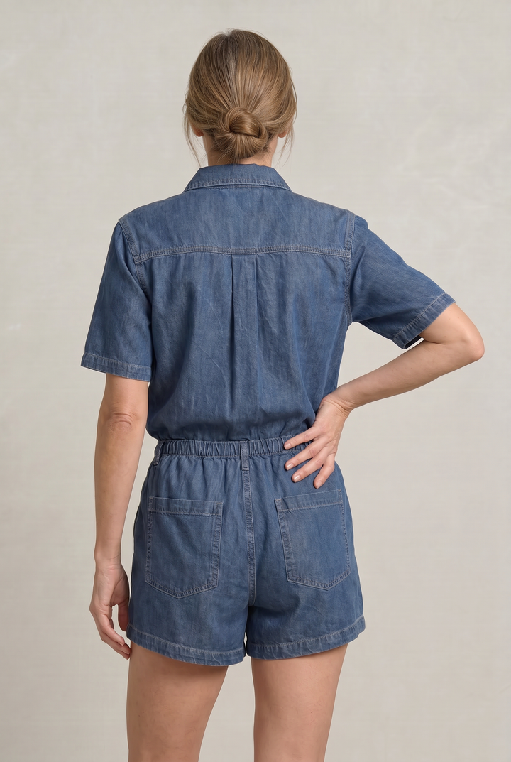 Women's Denim Short Sleeve Shirt and Shorts Two Piece Set