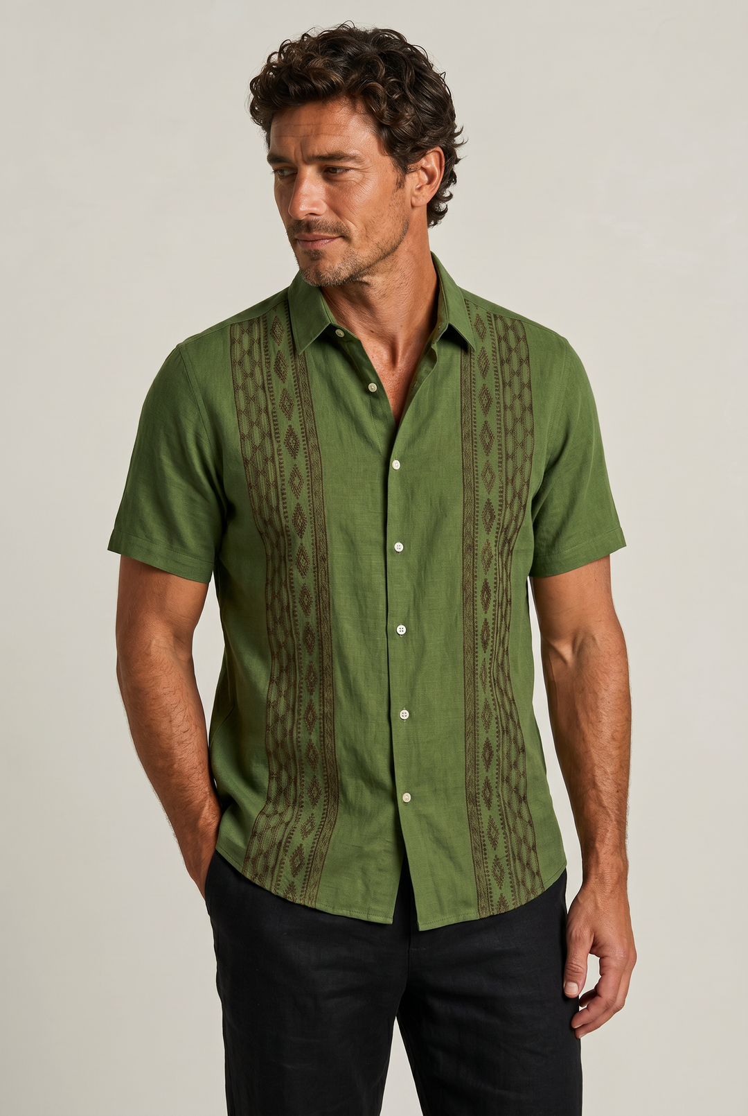 Men's Green Embroidered Shirt - Short Sleeve Aztec Print Button Up Summer Shirt