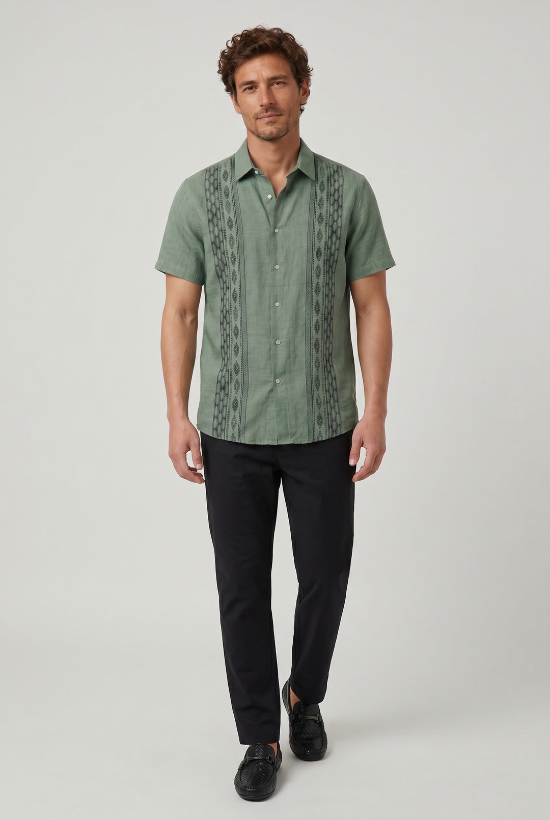 Men's Green Embroidered Shirt - Short Sleeve Aztec Print Button Up Summer Shirt