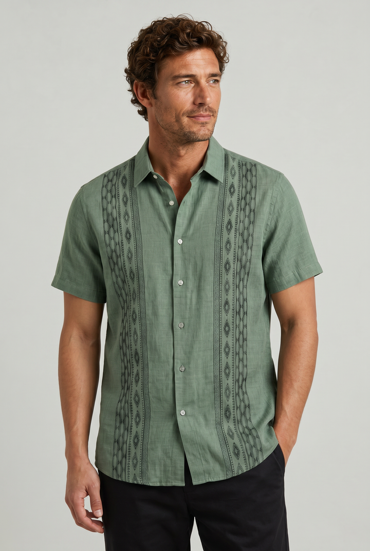 Men's Green Embroidered Shirt - Short Sleeve Aztec Print Button Up Summer Shirt