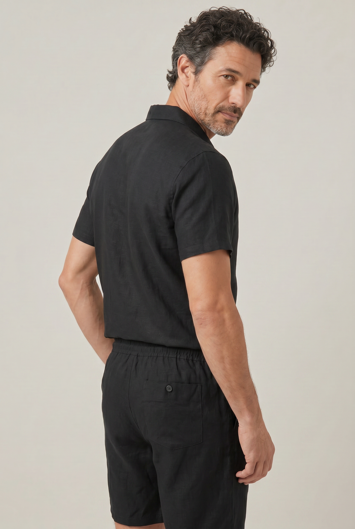 Men's Linen Short Sleeve Polo Shirt and Shorts Set