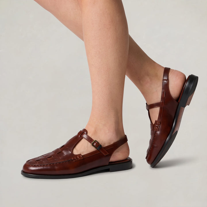 Women's Woven Leather Slingback Sandals - Flat Buckle T-Bar Loafer Sandals