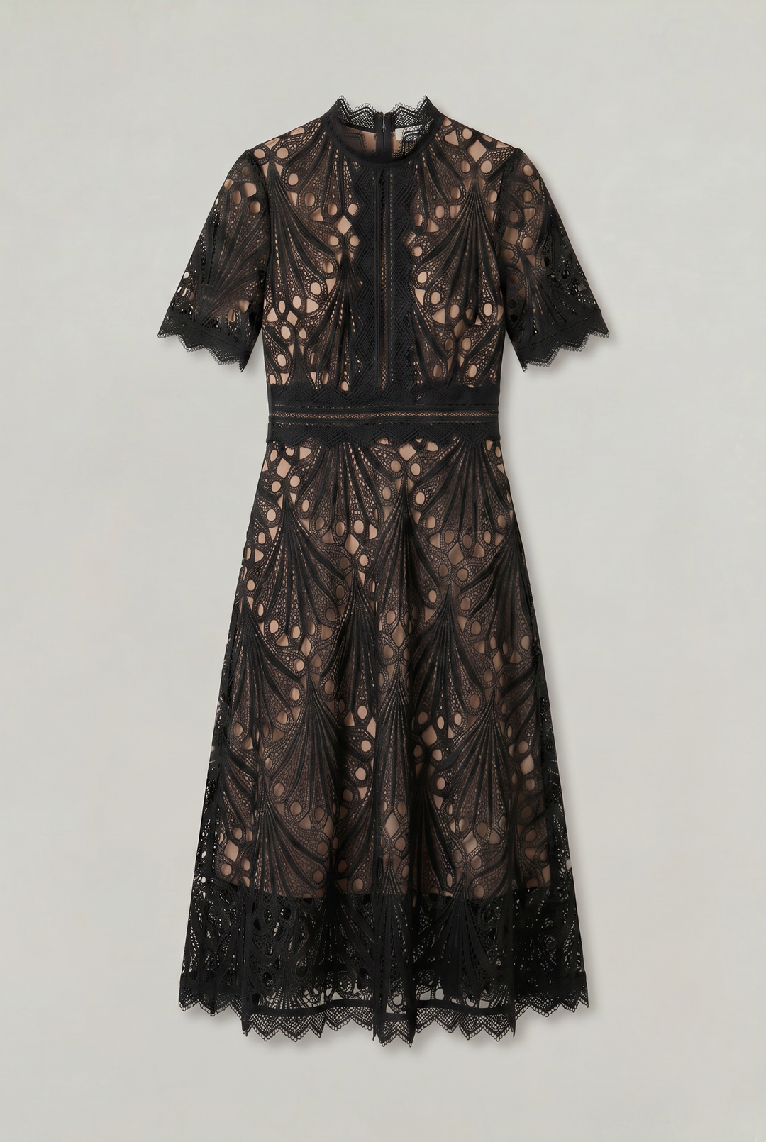 Women’s Elegant Lace Midi Dress – High Neck Silhouette with Refined Cutwork Detail