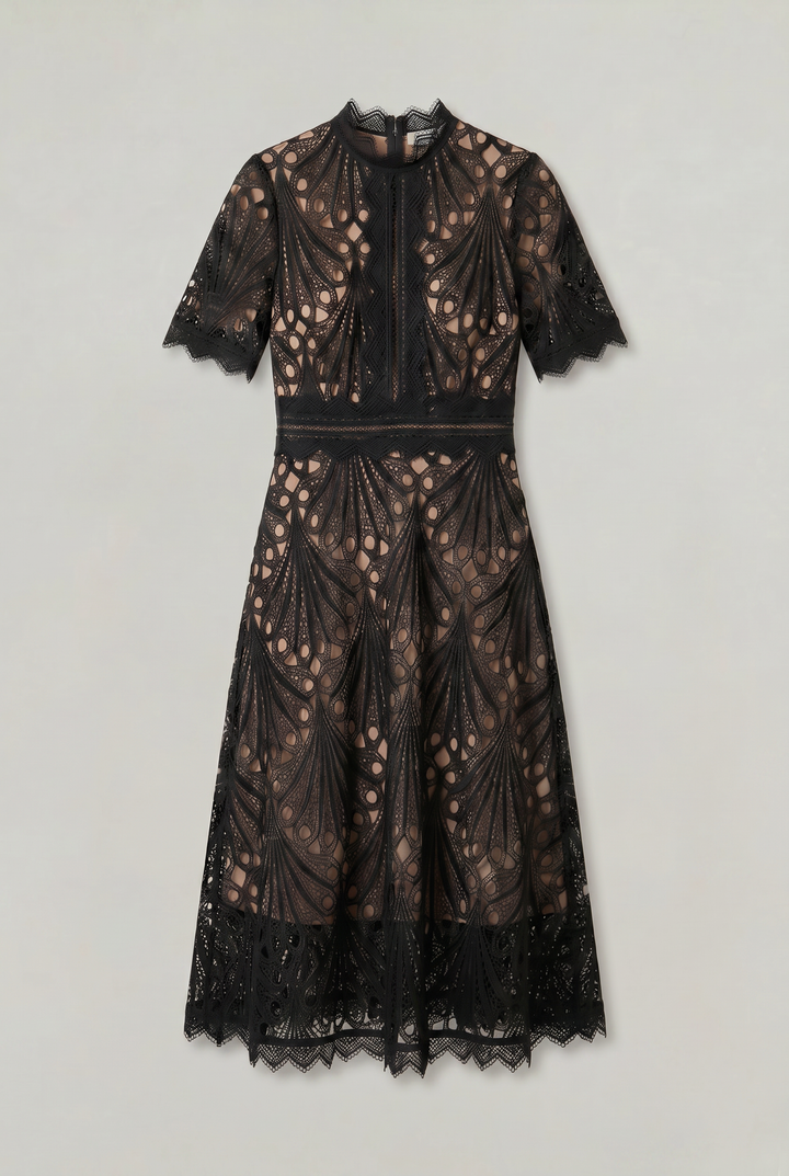 Women’s Elegant Lace Midi Dress – High Neck Silhouette with Refined Cutwork Detail