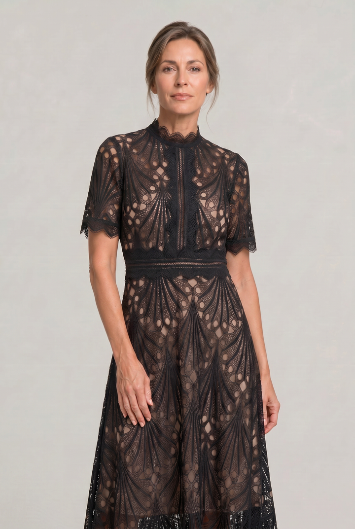 Women’s Elegant Lace Midi Dress – High Neck Silhouette with Refined Cutwork Detail