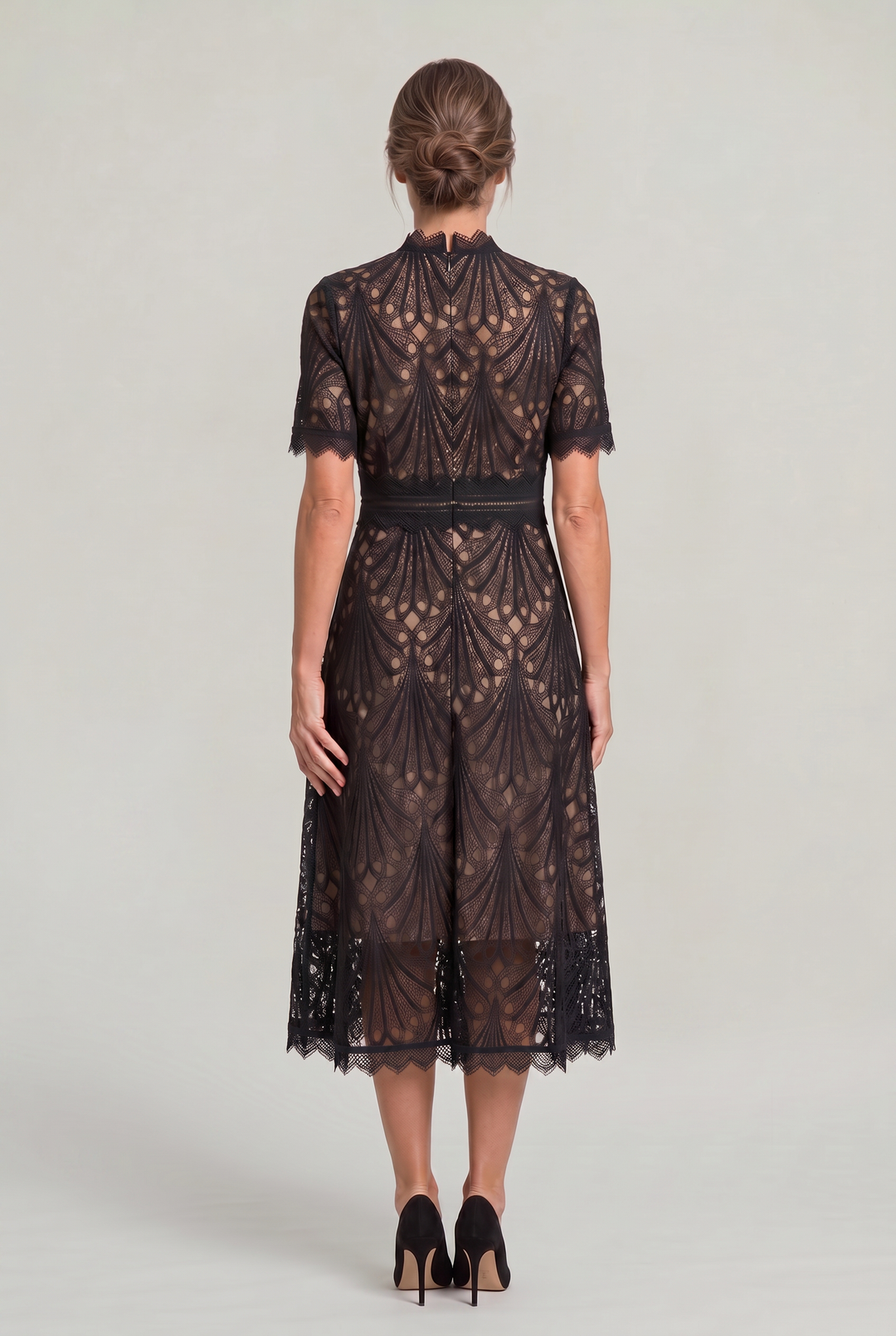 Women’s Elegant Lace Midi Dress – High Neck Silhouette with Refined Cutwork Detail
