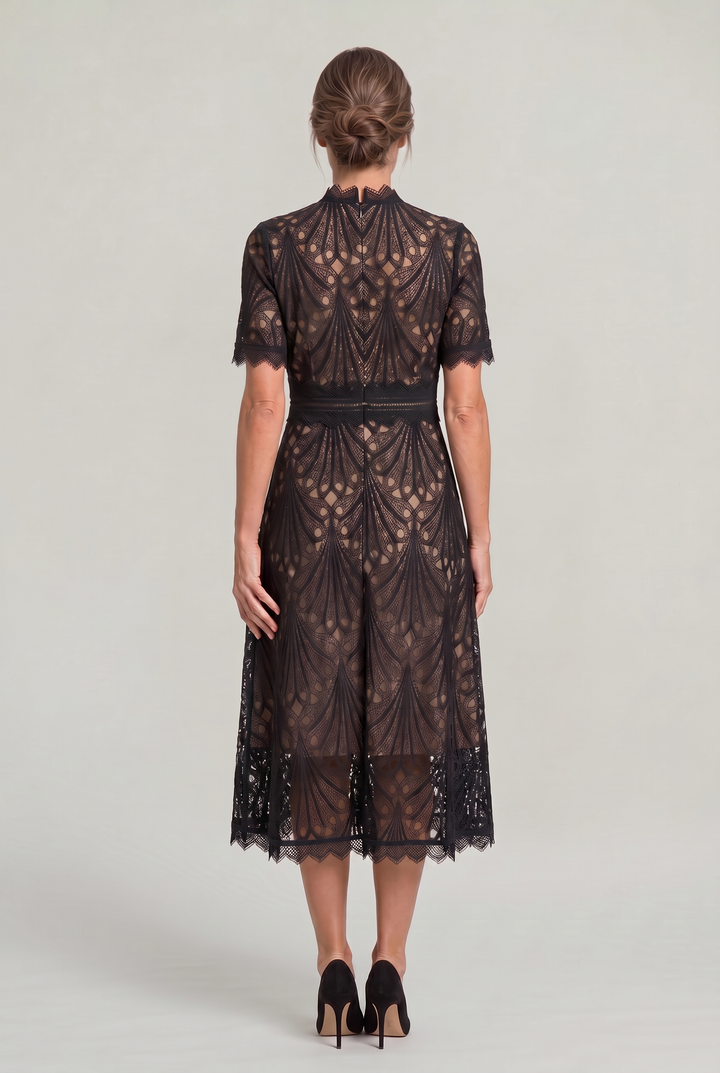 Women’s Elegant Lace Midi Dress – High Neck Silhouette with Refined Cutwork Detail