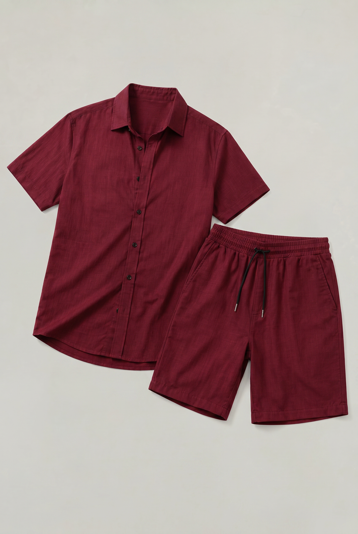 Men's Linen Buttoned Short Sleeve Shirt and Shorts Two Piece Set