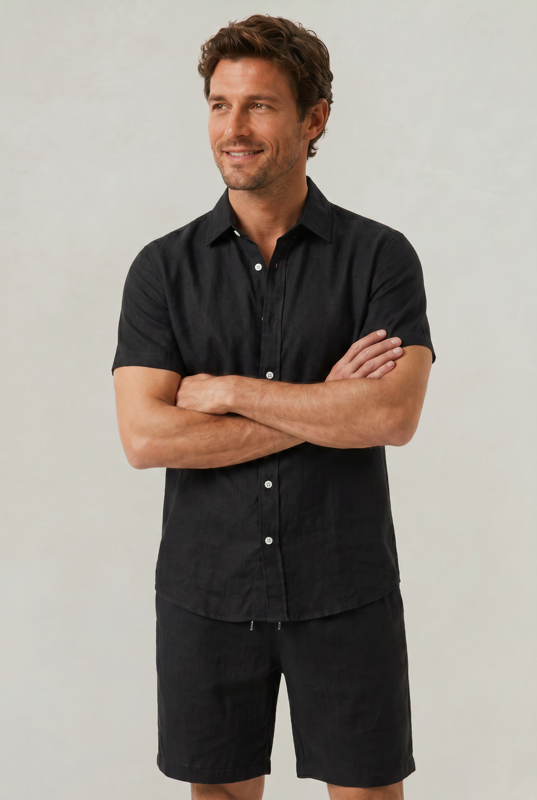 Men's Linen Buttoned Short Sleeve Shirt and Shorts Two Piece Set