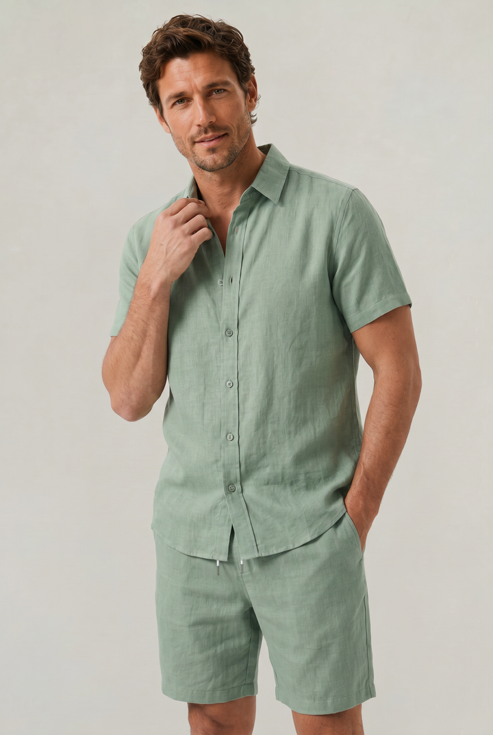Men's Linen Buttoned Short Sleeve Shirt and Shorts Two Piece Set