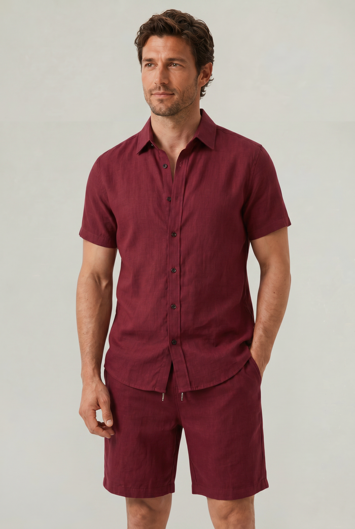 Men's Linen Buttoned Short Sleeve Shirt and Shorts Two Piece Set