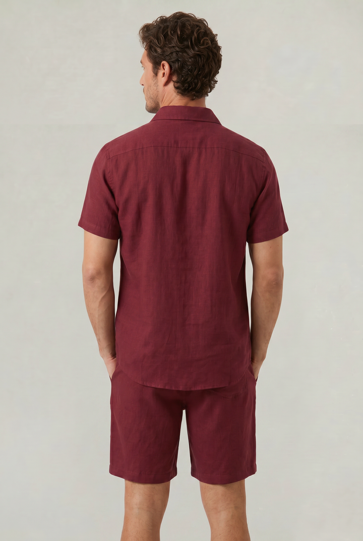 Men's Linen Buttoned Short Sleeve Shirt and Shorts Two Piece Set