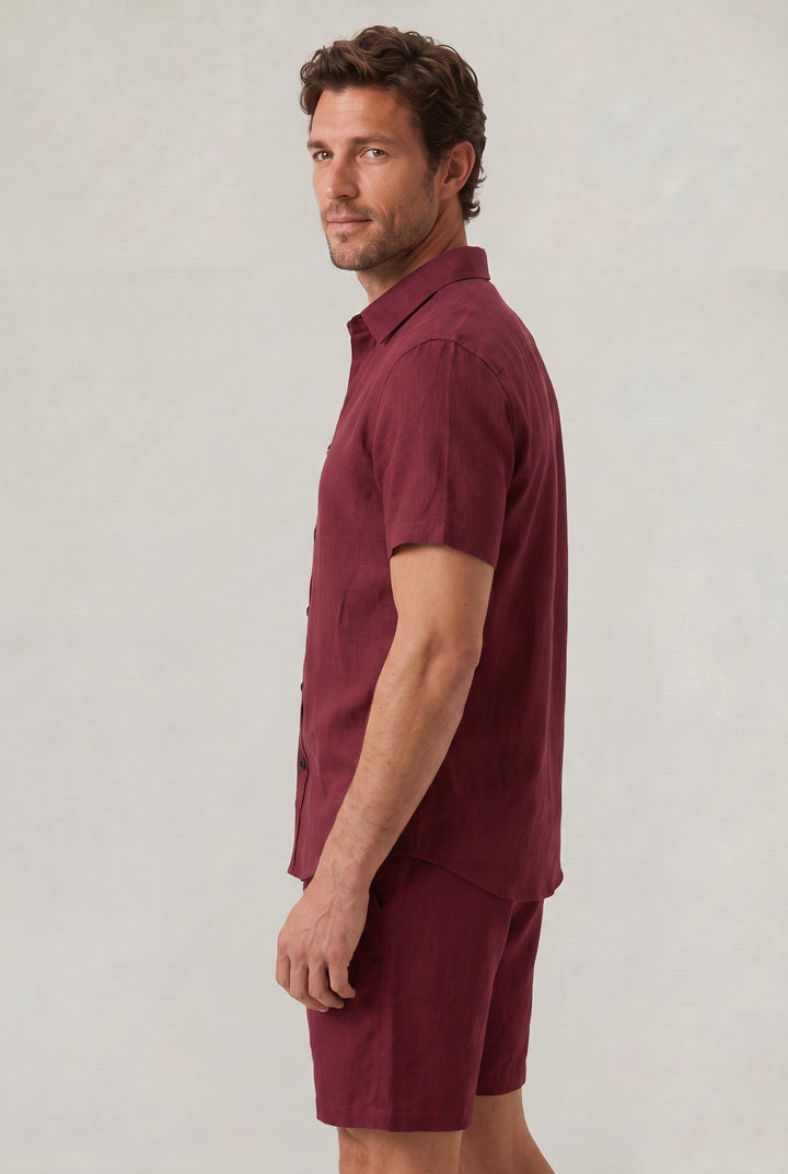 Men's Linen Buttoned Short Sleeve Shirt and Shorts Two Piece Set