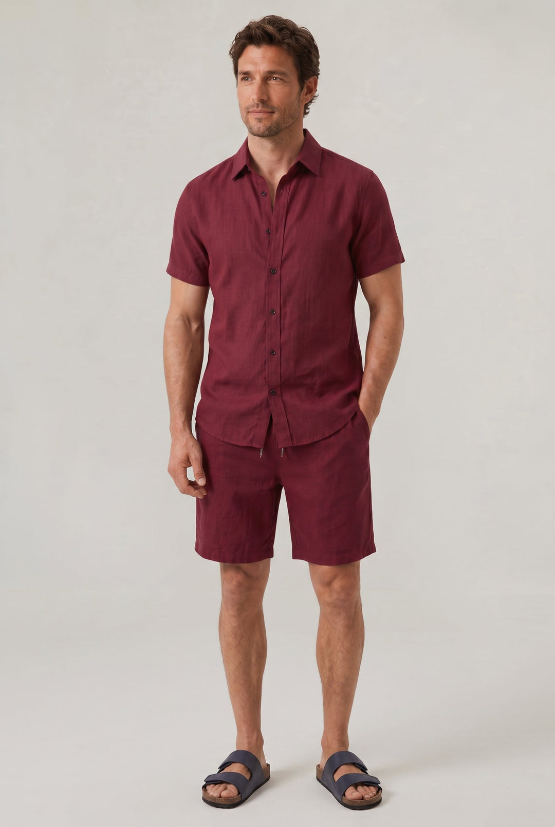 Men's Linen Buttoned Short Sleeve Shirt and Shorts Two Piece Set