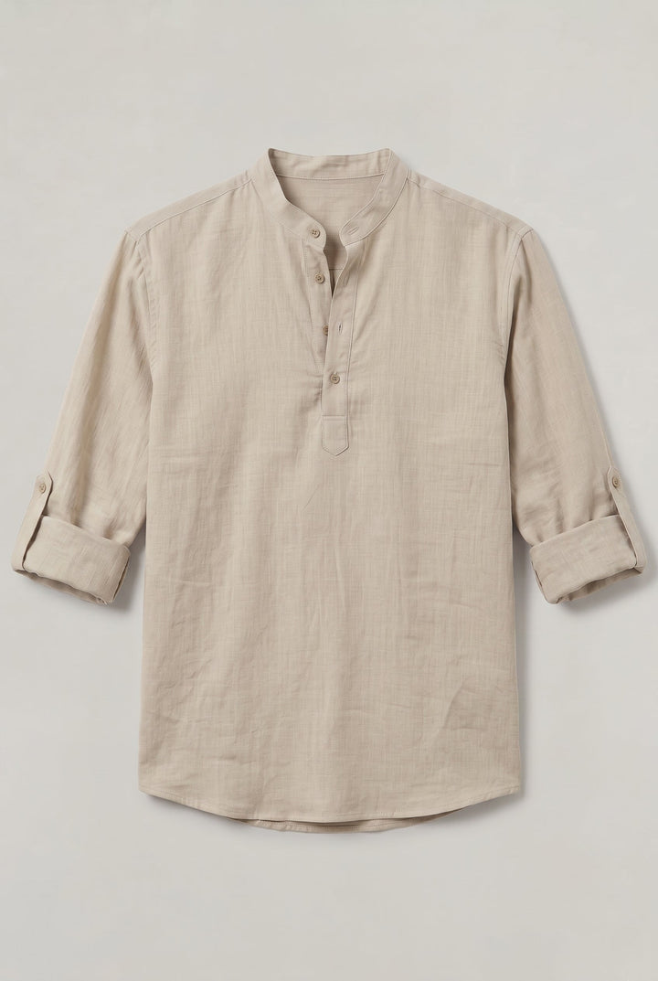 Men's Linen Henley Shirt - Grandad Collar Roll Up Sleeve Casual Summer Shirt
