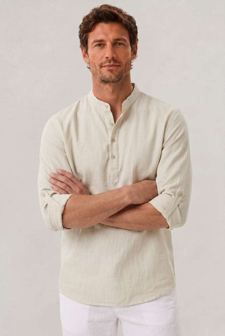 Men's Linen Henley Shirt - Grandad Collar Roll Up Sleeve Casual Summer Shirt