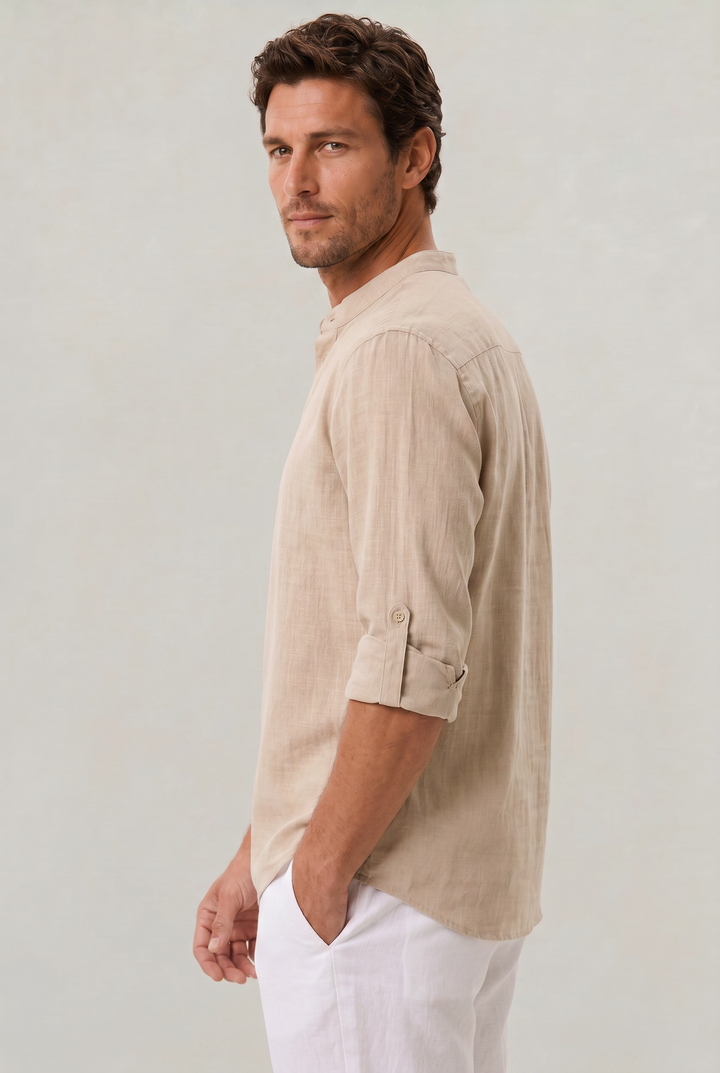 Men's Linen Henley Shirt - Grandad Collar Roll Up Sleeve Casual Summer Shirt