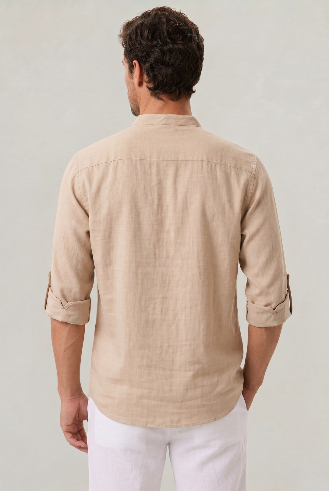 Men's Linen Henley Shirt - Grandad Collar Roll Up Sleeve Casual Summer Shirt