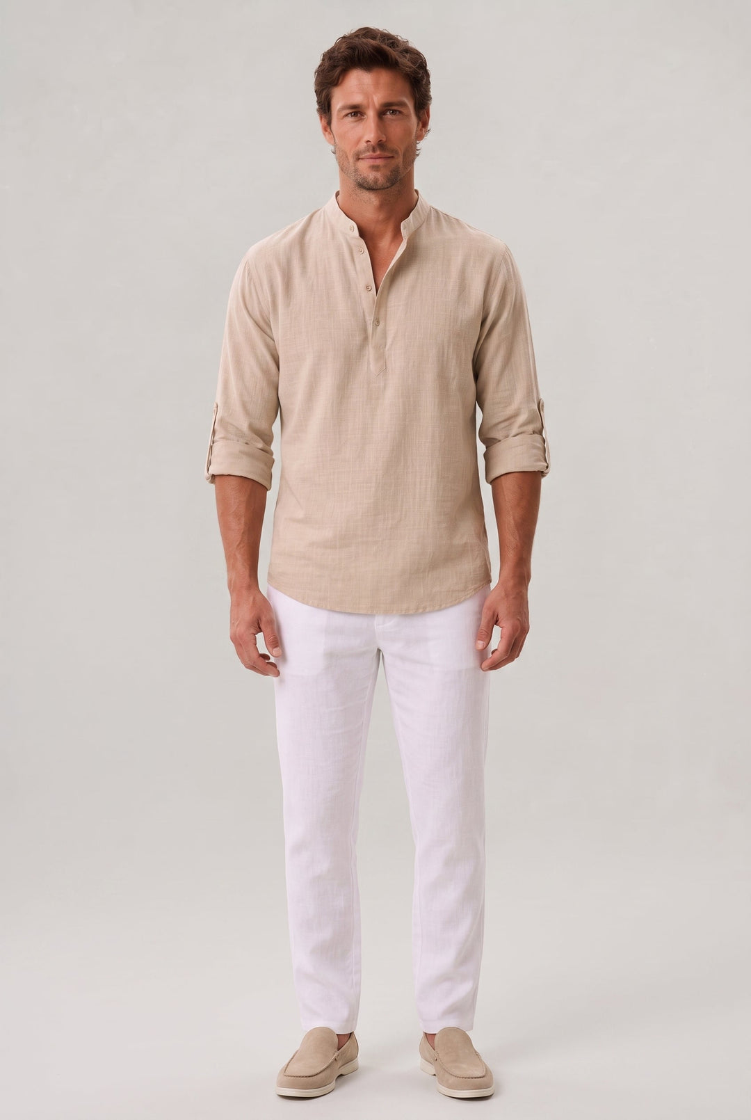 Men's Linen Henley Shirt - Grandad Collar Roll Up Sleeve Casual Summer Shirt