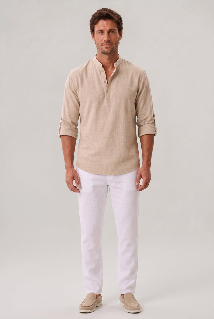 Men's Linen Henley Shirt - Grandad Collar Roll Up Sleeve Casual Summer Shirt