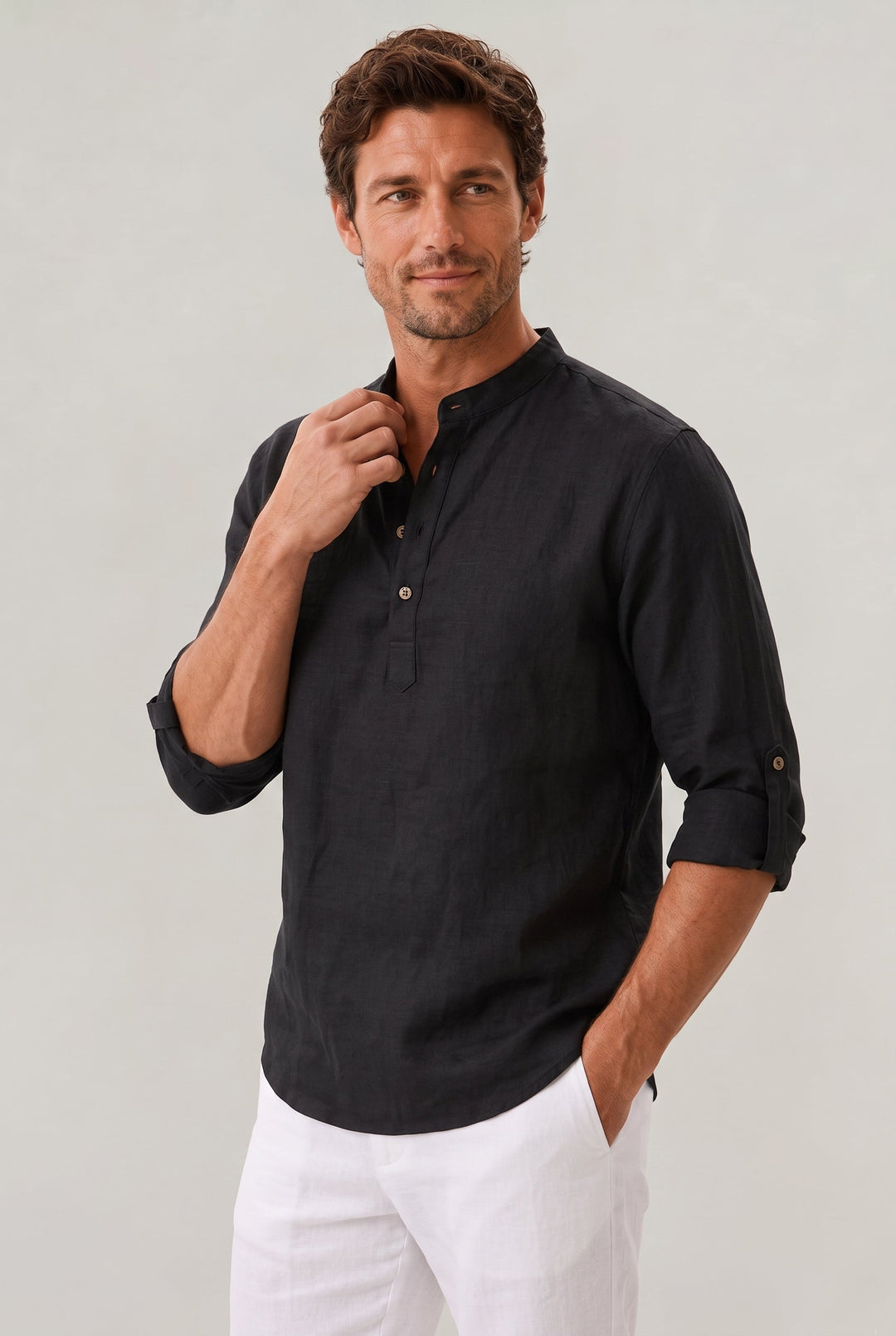 Men's Linen Henley Shirt - Grandad Collar Roll Up Sleeve Casual Summer Shirt