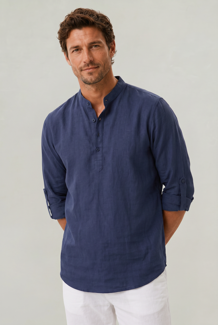 Men's Linen Henley Shirt - Grandad Collar Roll Up Sleeve Casual Summer Shirt