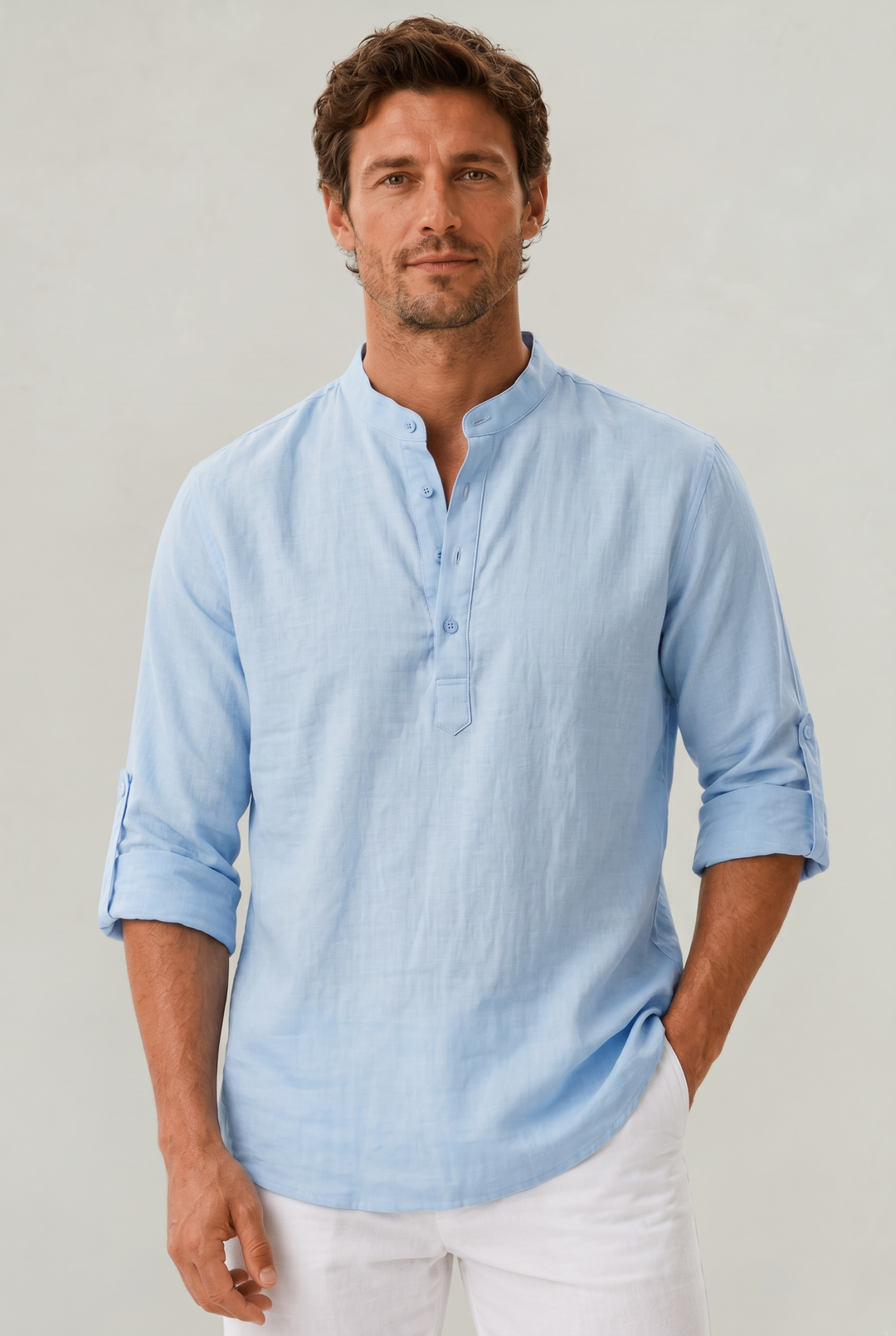 Men's Linen Henley Shirt - Grandad Collar Roll Up Sleeve Casual Summer Shirt