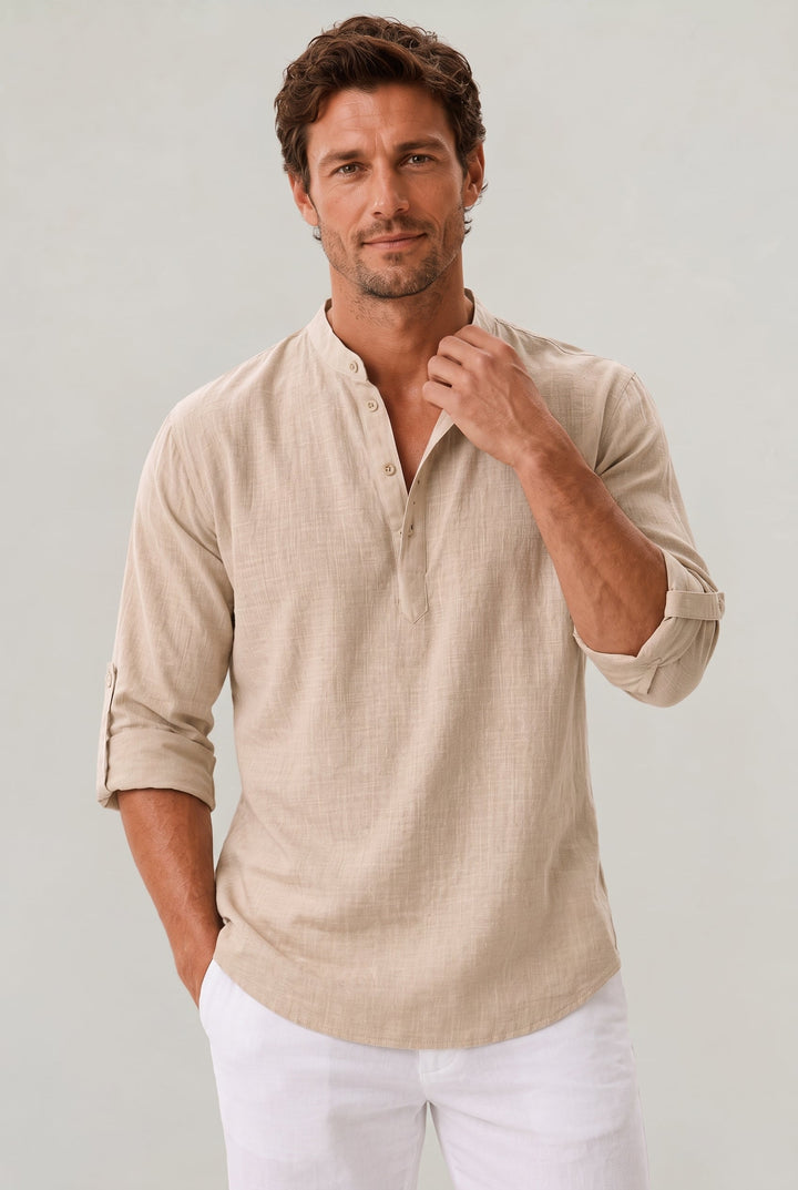 Men's Linen Henley Shirt - Grandad Collar Roll Up Sleeve Casual Summer Shirt