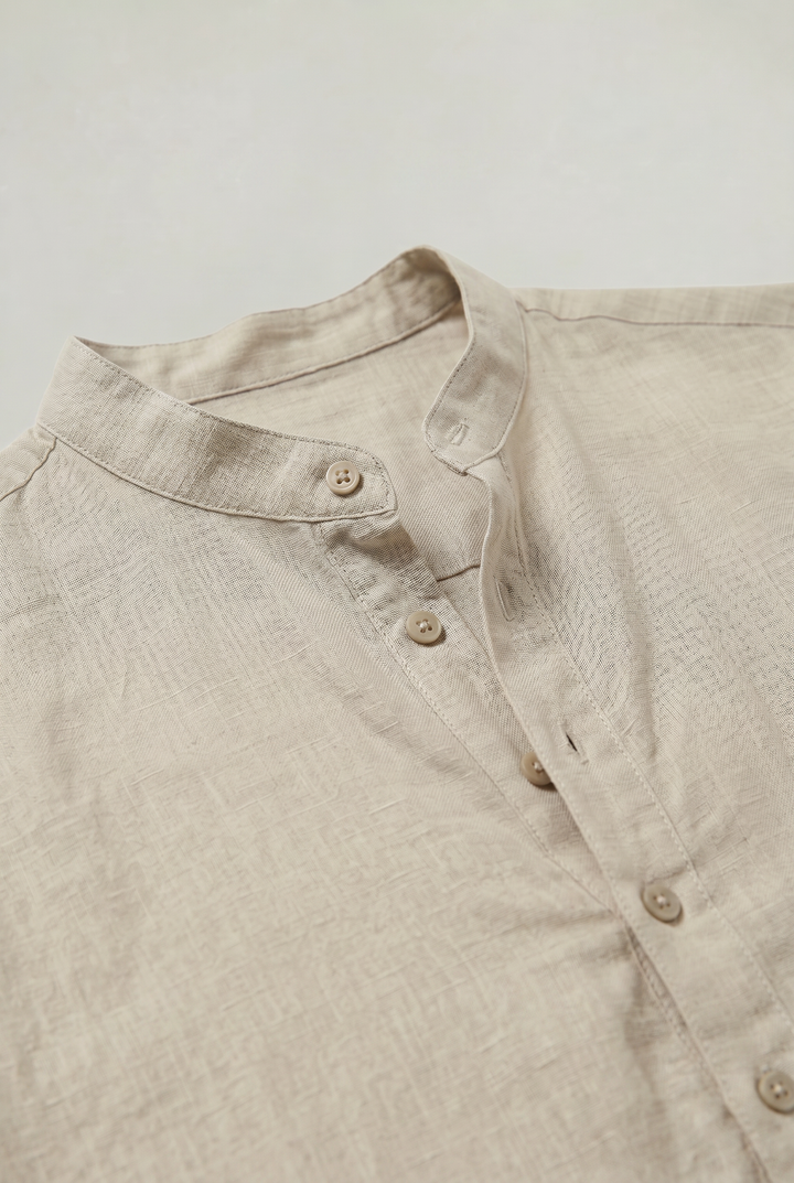 Men's Linen Henley Shirt - Grandad Collar Roll Up Sleeve Casual Summer Shirt
