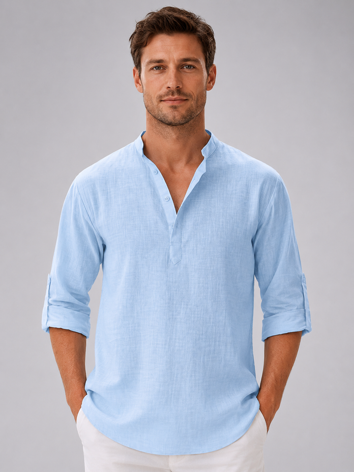 Men’s Linen Look Stand Collar Shirt – Relaxed Summer Style